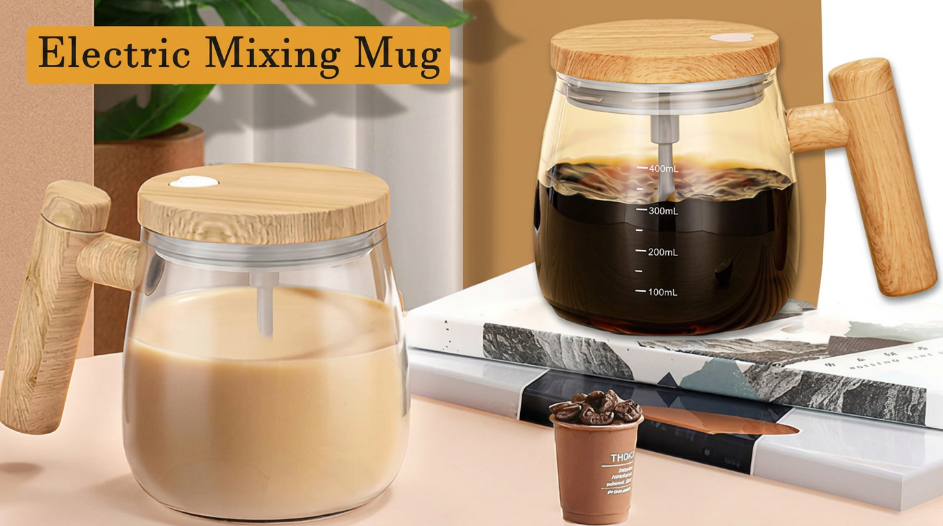 StirEase™ self-mixing glass mugs preparing coffee and a milk drink